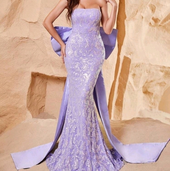 Lilac Purple, , Strapless, Big Bow, Contrast Sequined Mermaid Maxi Gown - Picture 4 of 10